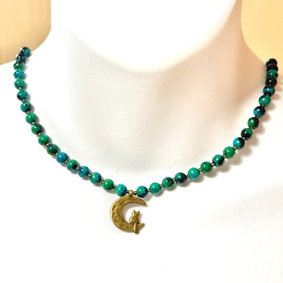 Teal Chrysocolla Short Necklace, Genuine Gemstone & Bronze Cat on the Moon Charm - Picture 2 of 13
